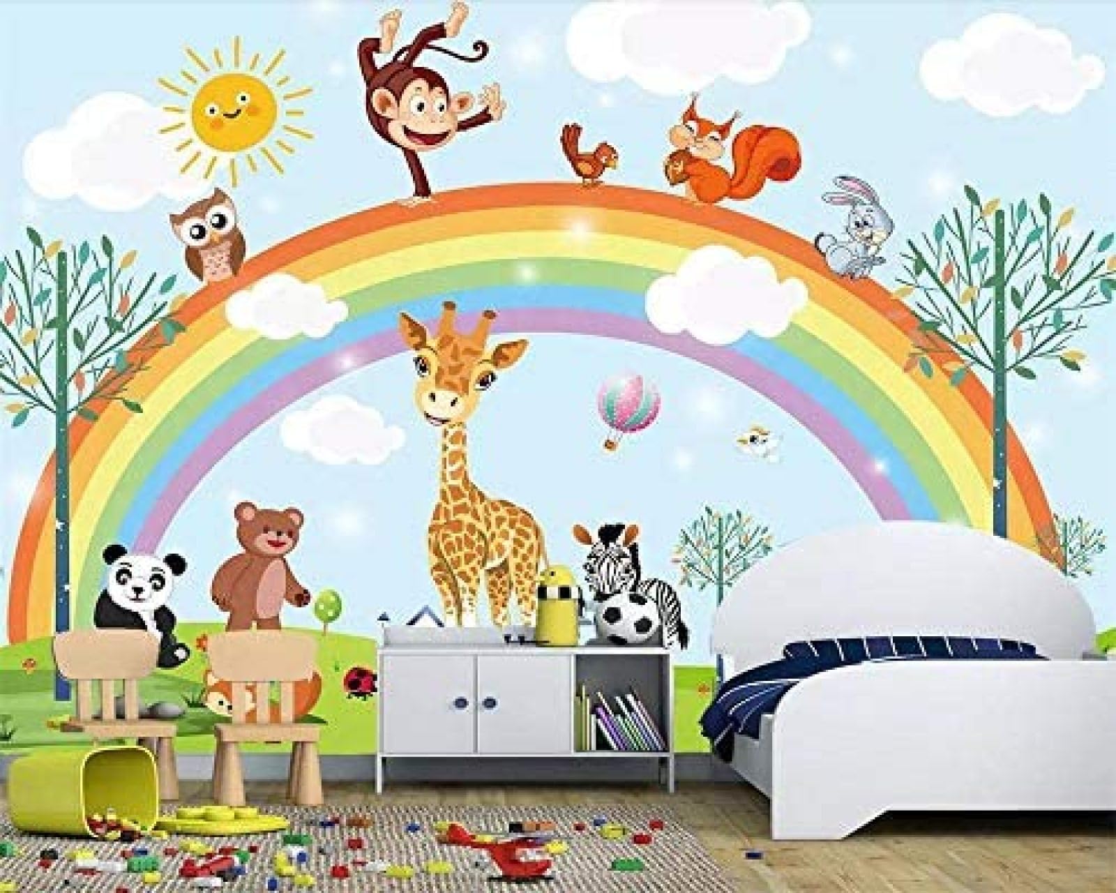 Wandtapete Handbemalte Tapete Karikatur Tiere Regenbogen Kinderzimmer Hintergrund Wand Dekorative Möbel 3D Tap Tapeten Wohnkultur Fototapete 3D Effekt Wohnzimmer Schlafzimmer Kinderzimmer-300cm×210cm