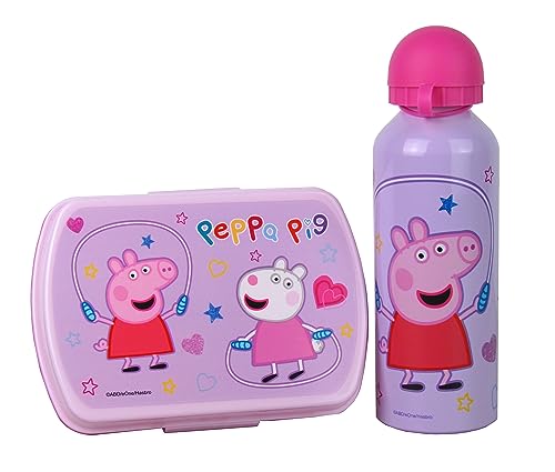 Lentz Kinder Frühstücks-Set - verschieden Motive - Kunststoff Brotdose 20 x 8 x 5,5cm inkl. Metall Trinkflasche 500ml (Peppa Pig)