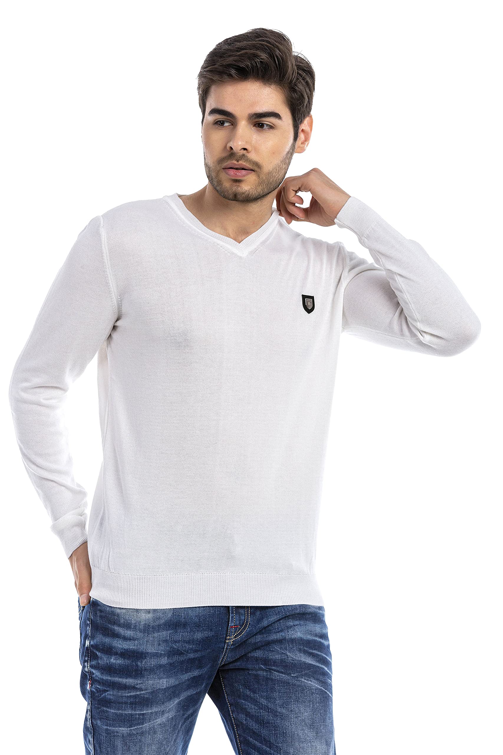 Cipo & Baxx Herren Feinstrickpullover Strick Sweater V-Ausschnitt Pullover CP242 Weiß XL