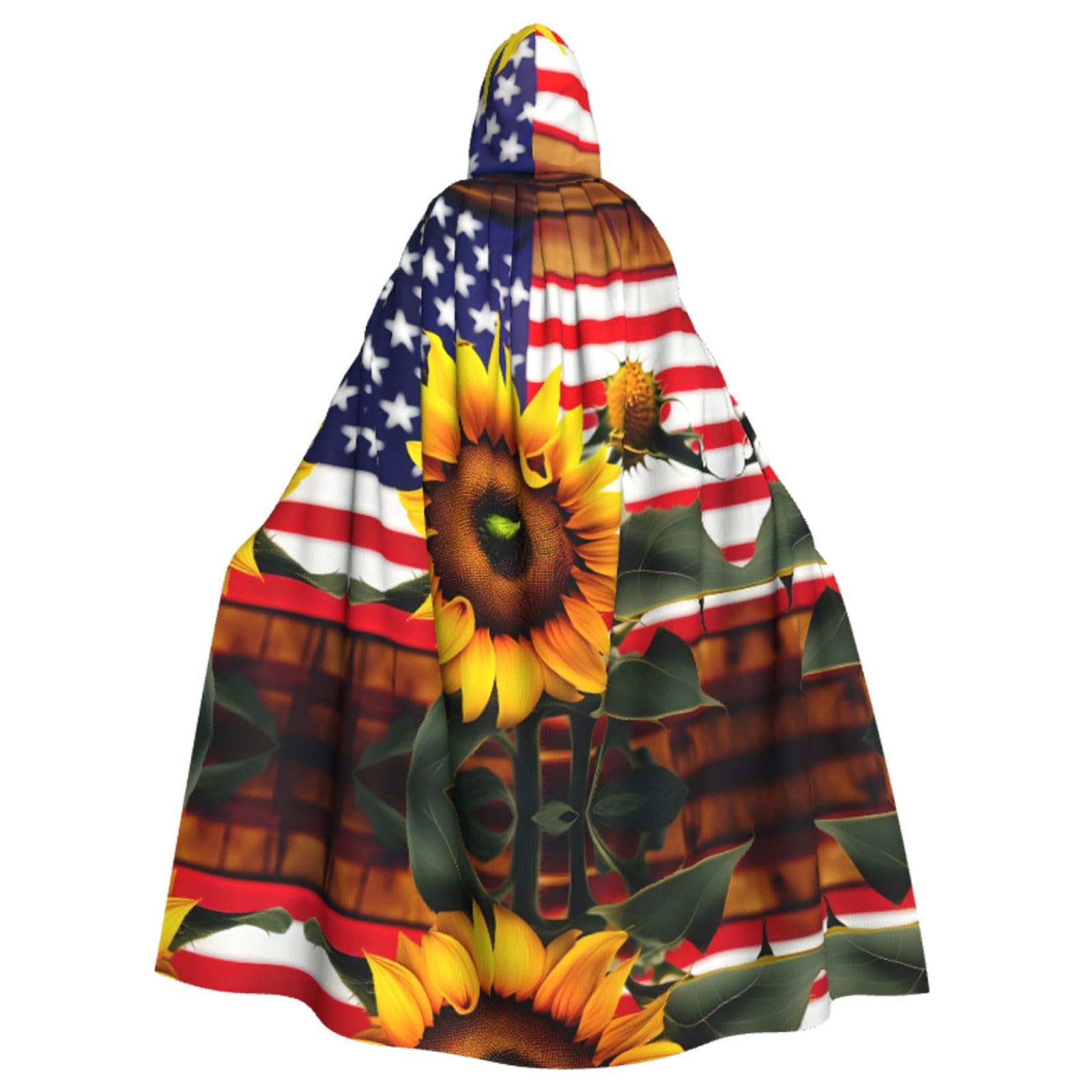 YQxwJL Halloween-Umhang mit Sonnenblumen- und amerikanischer Flagge, mit Kapuze, Renaissance-Umhang für Erwachsene, Cosplay, Hexenumhang