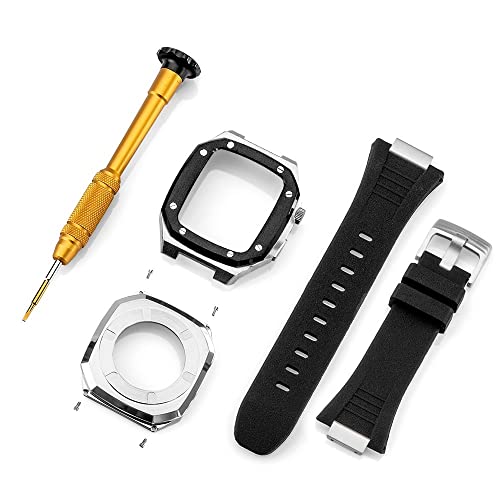 KANUZ Edelstahlarmband für Apple Watch, Armbandmodifikation, 45 mm, 44 mm, 41 mm, Metall-Mod-Kit-Set für iWatch Serie 8, 7, 6, SE, 5, 4, 3, 2, 1 (Farbe: Schwarz, Silber-B, Größe: 45 mm)