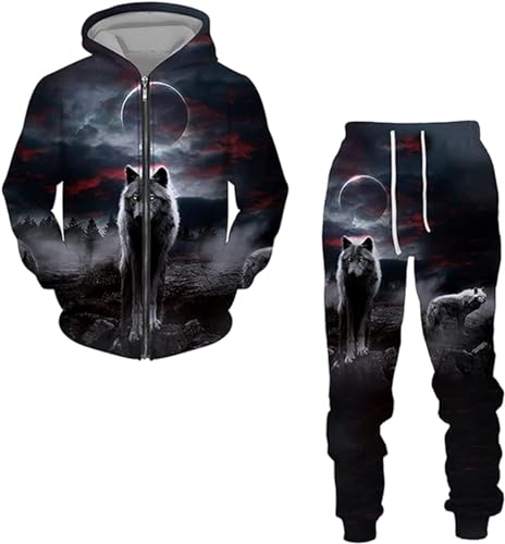 RIAAJ Wolf Herren Langarm Pullover Trainingsanzug 3D Hoodie und Sweatpants Set mit Zipper für Manner (A8,L)