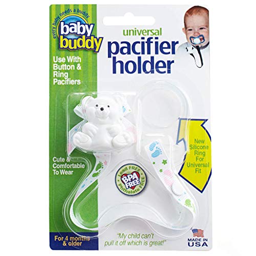 Baby Buddy Universeller Schnullerhalter mit Clip zum Befestigen an Paci oder Befestigung mit Universal-Silikonring, Schnuller-Clip, Babys ab 4 Monaten/Kleinkinder, Jungen und Mädchen, Baby muss weiße