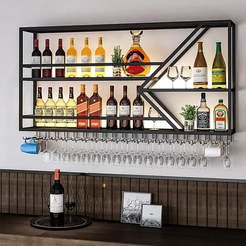 Hängende industrielle runde Weinregale, Modernes, an der Wand montiertes Weinregal aus Metall mit LED-Beleuchtung, multifunktionales Dekorregal for Schnapsflaschen for Zuhause, Restaurants, Bars, Café