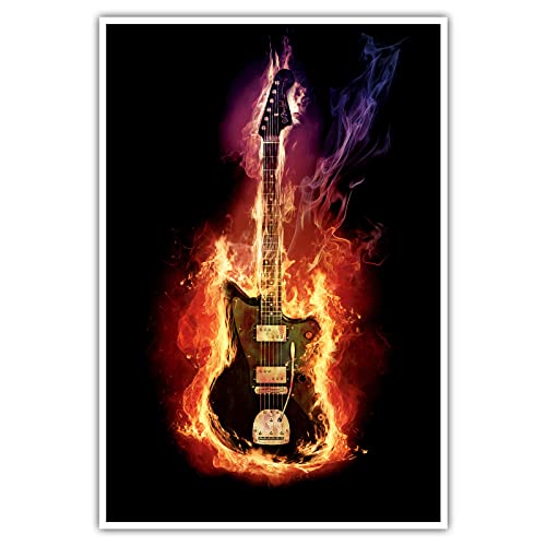 Burning Guitar - Poster ohne Rahmen - brennende Gitarre Posterdruck Bild Wandbild Kunst Druck Bilder Wand Deko Wandposter Modern XXL Wohnzimmer (120 x 80 cm, Poster)