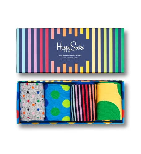 Happy Socks 4-Pack Colorful Classics Socks Gift Set. farbenfrohe und fröhliche. Socken für Männer und Frauen. Blau-Rosa-Gelb-Grün-Rot-Orange-Grau (36-40)