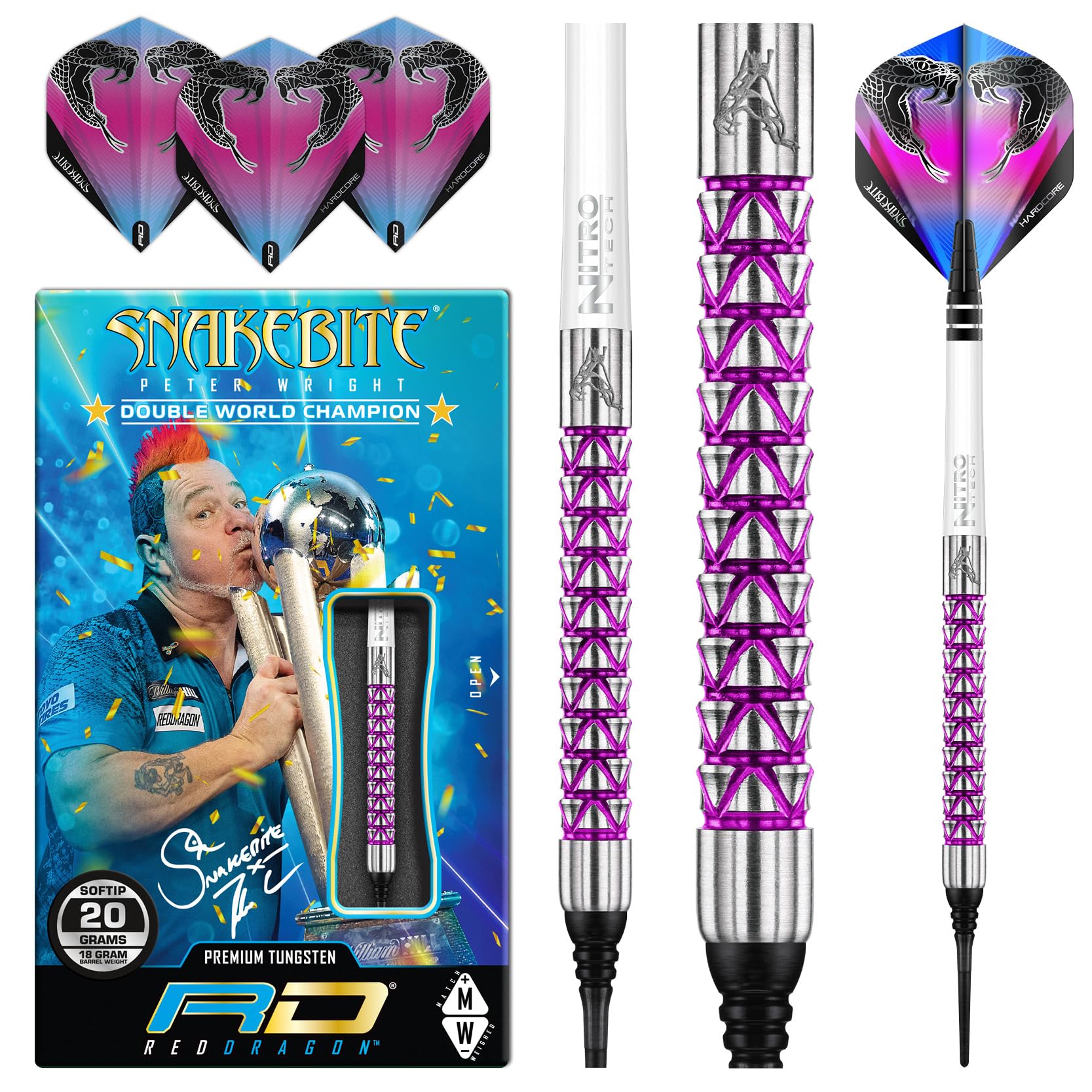 RED DRAGON Peter Wright Snakebite Vyper 18g Fassgewicht, 20g Gesamtgewicht Softip Tungsten Darts mit Flights und Schäfte