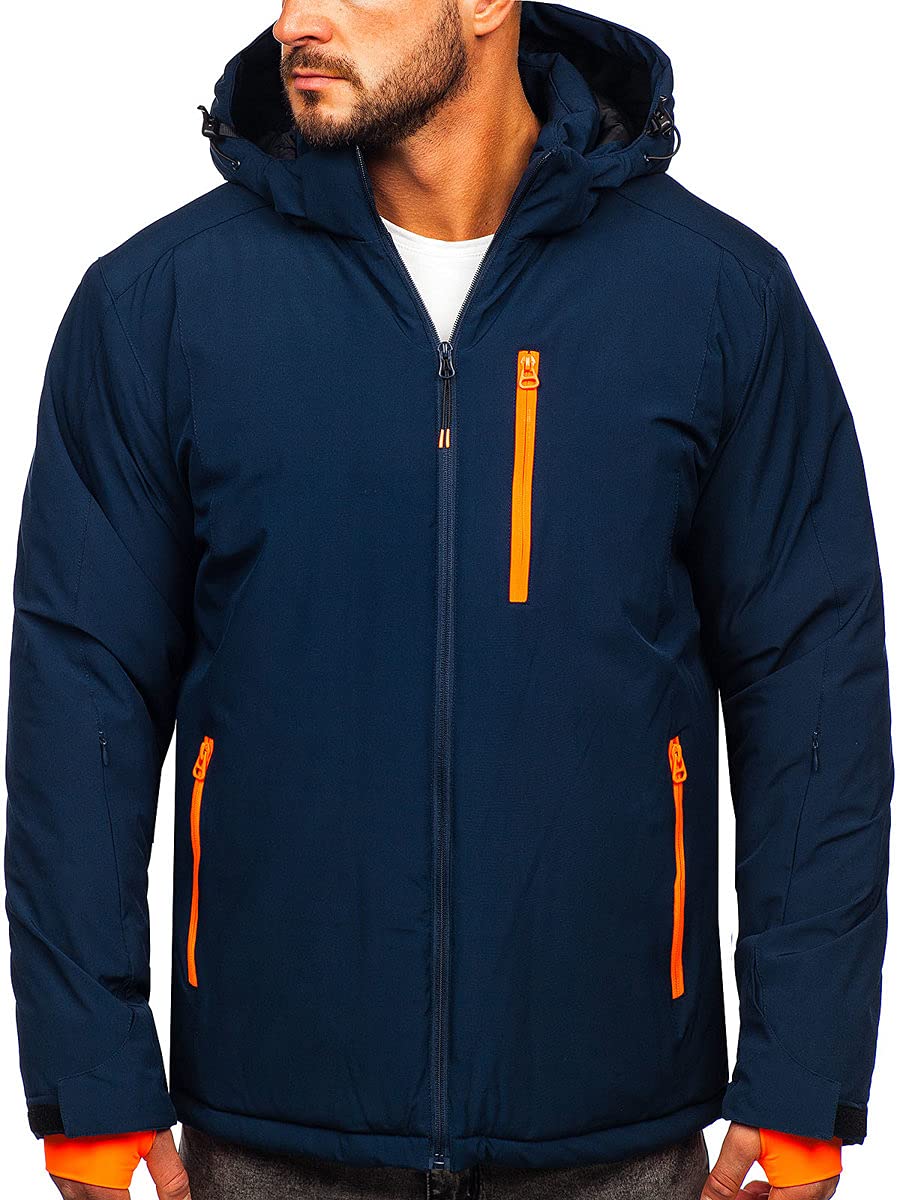 BOLF Herren Winterjacke Skijacke Snowboardjacke mit Reißverschluss und Kapuze Bündchen Outdoor Freizeit HH011 Dunkelblau S [4D4]