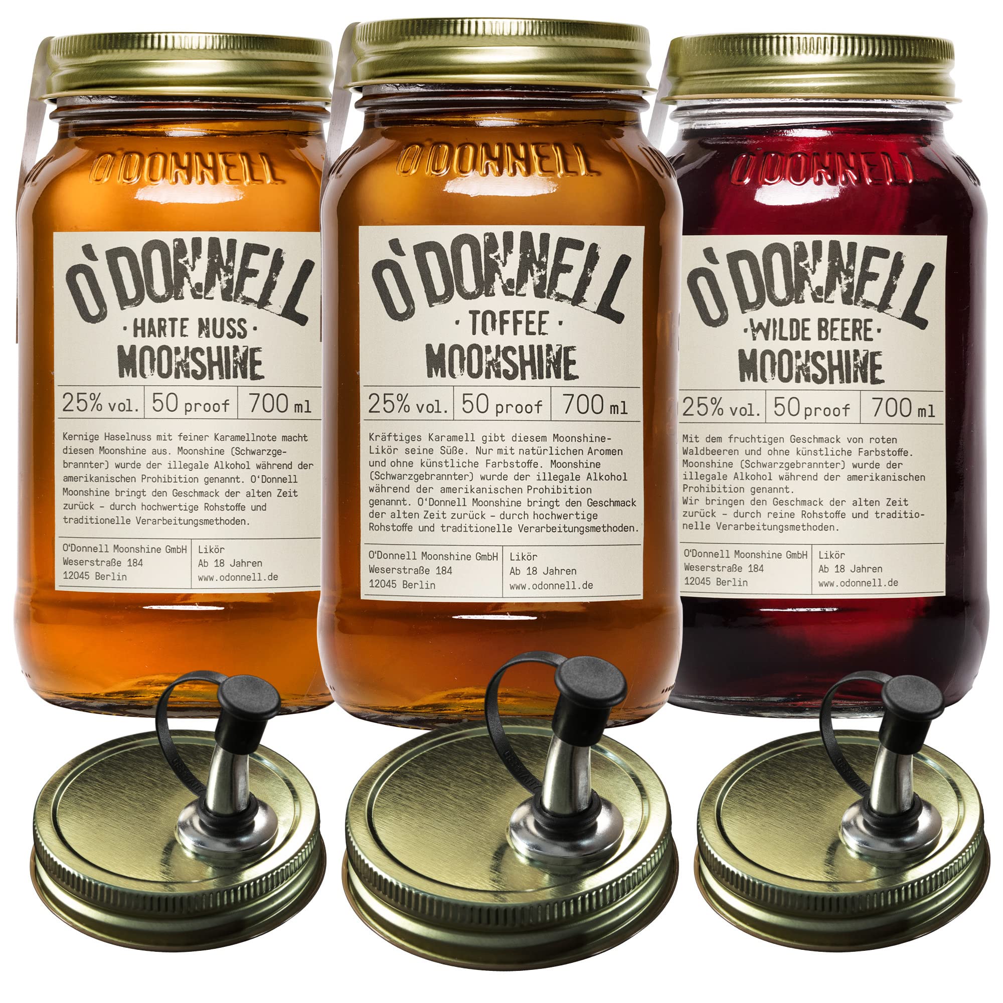 O'Donnell Moonshine Geschenkset | Premium Likör nach amerikanischer Tradition | 3 x 700ml | Natürliche Zutaten | Vegan | mit Ausgießer (Harte Nuss/Wilde Beere/Toffee)