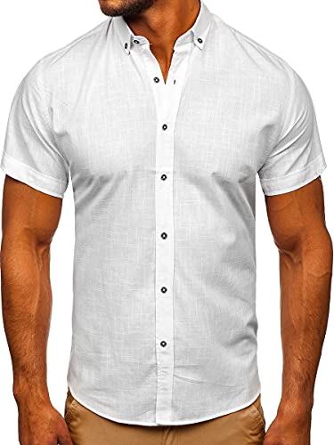 BOLF Herren Kurzarmhemd Sommerhemd Freizeithemd Strandhemd Urlaub Hemd aus 100% Baumwolle Atmungsaktiv Stoff Dünnes Hemd für Sommer Slim Fit Button Down Casual Style 20501 Weiss XXL [2B2]