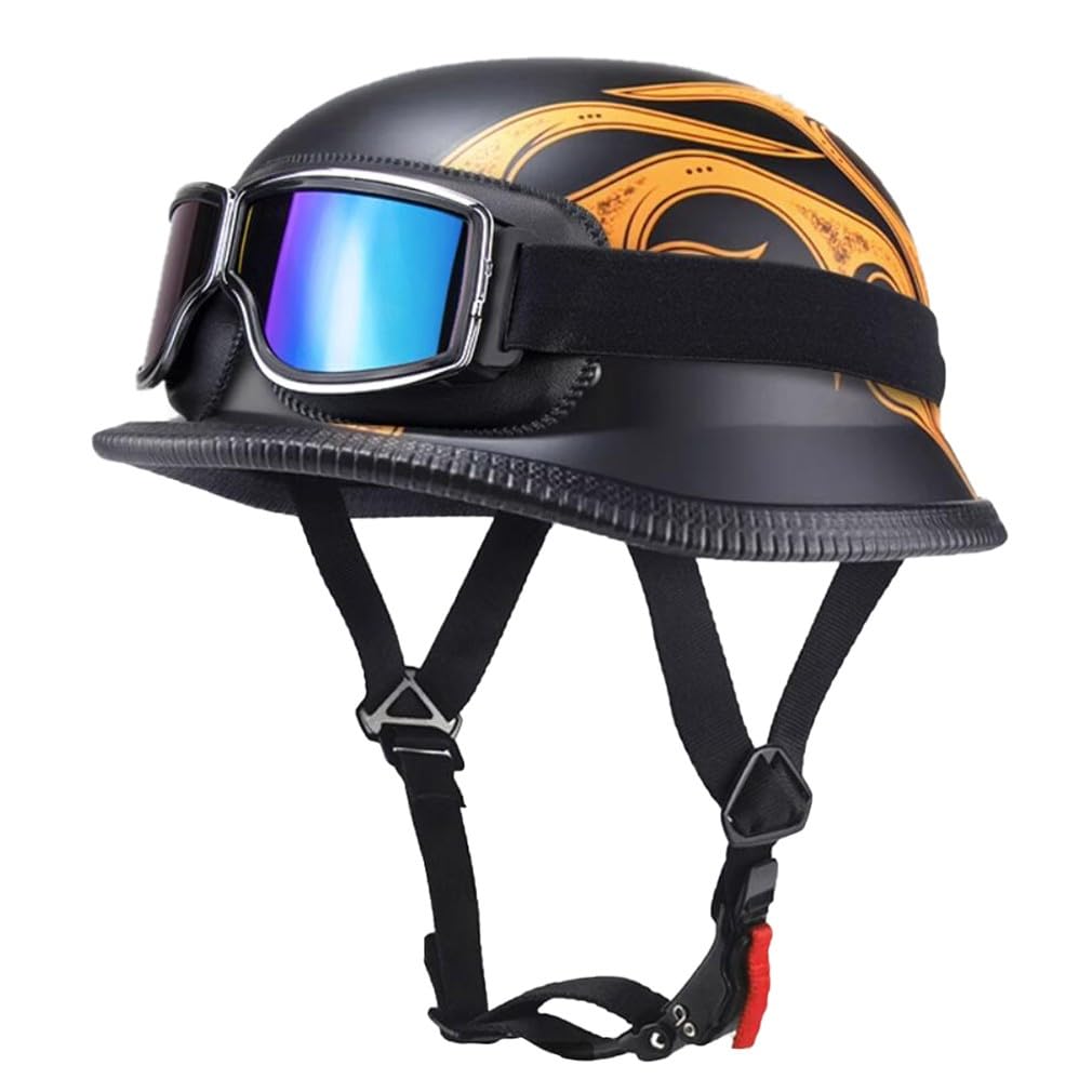 Retro Deutsche Halbhelm Öffnen Motorradhelm Halboffenen Halbschalenhelm ECE Genehmigt Jethelm Offenem Helm Mit Brille Cruiser Chopper Helm Mopedhelme Geeignet Erwachsene MäNner Frauen