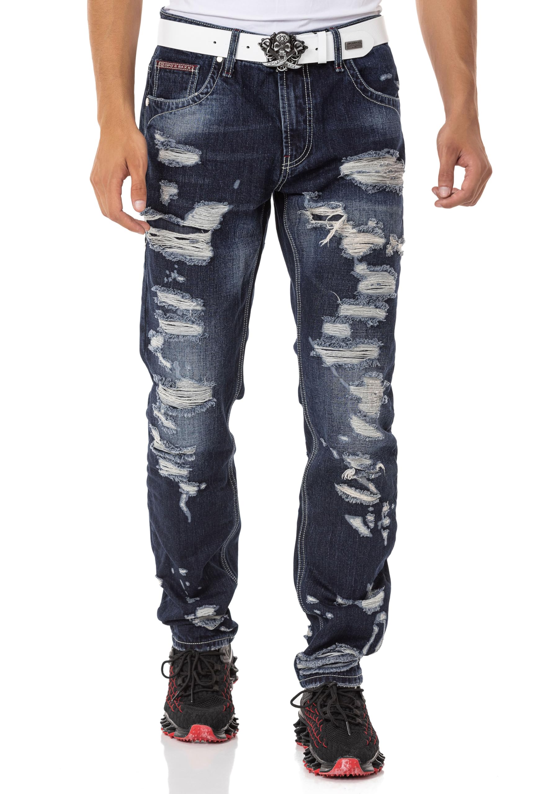 Cipo & Baxx Herren Jeans Hose Denim Regular Fit Destroyed Jeanshose CD843 Dunkelblau W40 L32