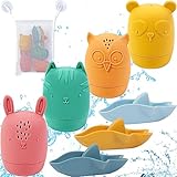 Jiosdo Badespielzeug Baby - Badewannenspielzeug - 8er Set Badetiere für Babys und Kleinkinder, mit Aufbewahrung, Badequetschies Wasserspielzeug Kinder, Quetschtiere mit Öffnungen aus BPA-frei Silikon