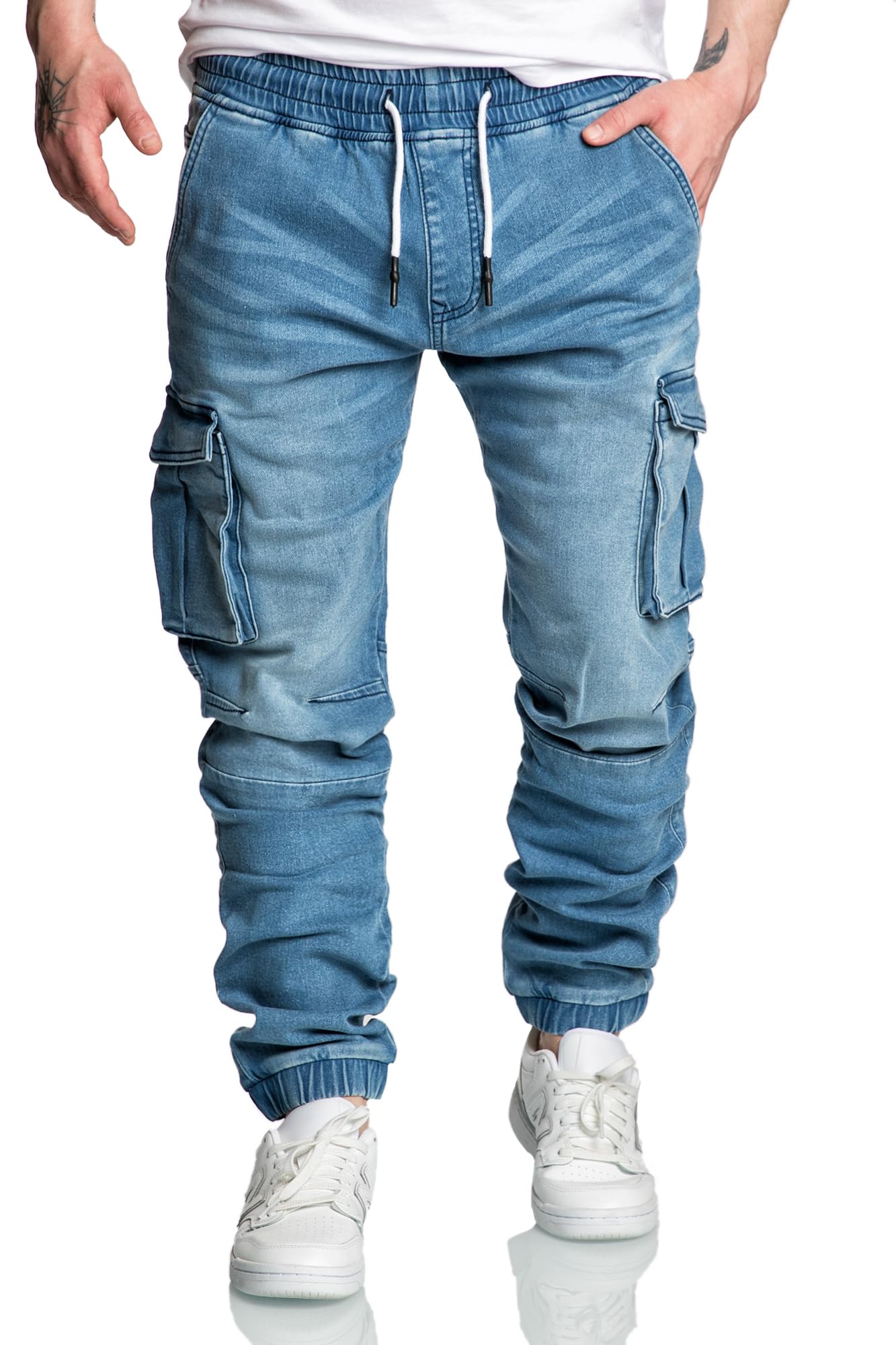 Amaci&Sons Herren Sweathose in Stretch Denim Männer Cargo Jogging Jeans 7024 Hellblau W32