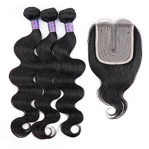 Human Hair Bundles 3 Bundles mit Verschluss, transparente Spitze, gewellt, natürliche schwarze Farbe, Echthaar-Webart-Verlängerung, 200 g/Set human hair weave (Color : 4x4 Lace, Size : 18 18 18 with