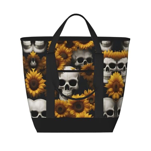 YQxwJL Isolierte Kühltasche mit Sonnenblumen-Motiv und Halloween-Totenkopf-Aufdruck, große Kapazität, Einkaufstasche, Reisetasche, Strand, wiederverwendbare Einkaufstasche für Erwachsene, Schwarz,