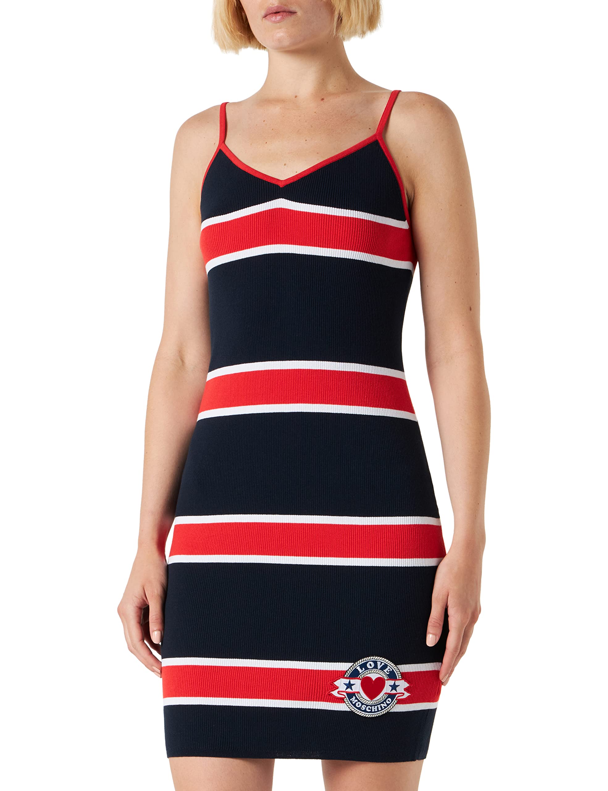 Love Moschino Women's Slim fit Tank Striped Cotton Blend Rib Dress, Blue White RED, 40