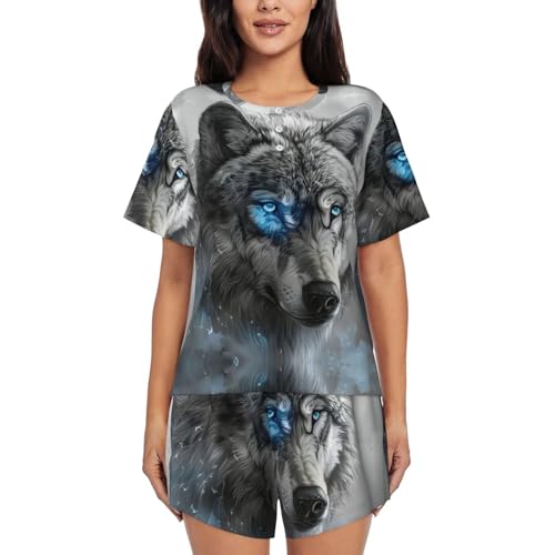 WURTON Blaue Augen, Wolf, blaue Augen, Wolf, kurzärmelig, Pyjama-Set für Damen, lässig, Rundhalsausschnitt, 2-teiliges Lounge-Set, Schwarz, XL