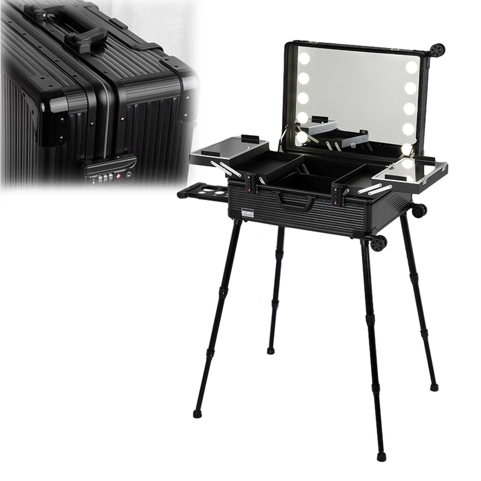 Extra großer Aluminium-Trolley, Make-up-Zugkoffer mit integrierten LED-Leuchten, professioneller Kosmetik-Organizer, Studio mit Ständer (Black Stripe 58X45X23cm)