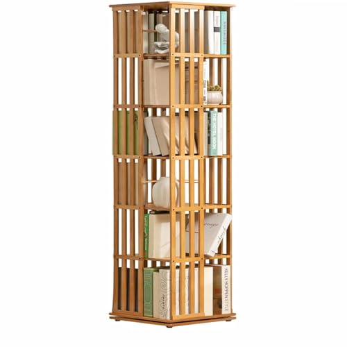 GLBMXDD Um 360 Grad drehbares Bücherregal, platzsparendes Stand-Bücherregal, kreatives Bücherregal, drehbares Aufbewahrungsregal aus Bambus, geeignet für Schlafzimmer,Woodcolor-6Tier