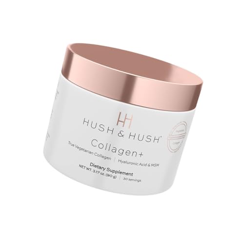 HUSH & HUSH Collagen+ Pulver - Nahrungsergänzung mit hydrolysiertem vegetarischem Kollagen, Aminosäuren & Hyaluronsäure - Haarpflege, Hautpflege, Nagelpflege & Feuchtigkeitsversorgung – 90g