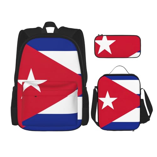 WURTON Schulterrucksack, Kubanische Flagge, 3-in-1, Büchertaschen-Set, Lunchbox, Federmäppchen, Reisen, Laptop, Tagesrucksäcke, Schwarz, Einheitsgröße, Schwarz , Einheitsgröße