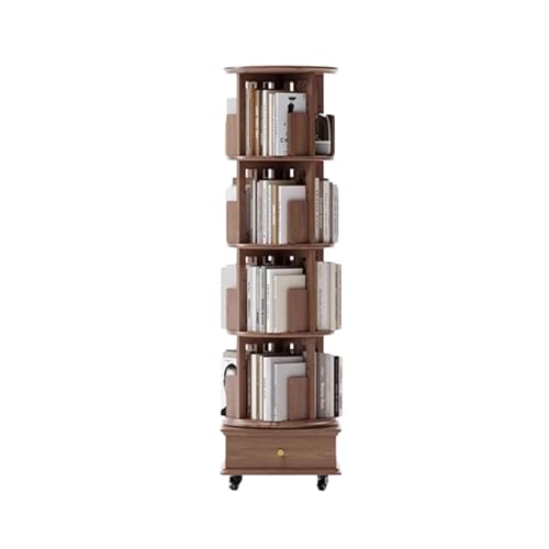 SLOKFV5 Regal Drehbares Bücherregal aus massivem Gummiholz, 360°-Display, mobiles Bücherregal mit Schublade und Rädern, drehbarer Bücherregalturm für das Heimbüro Standregal Bookshelf