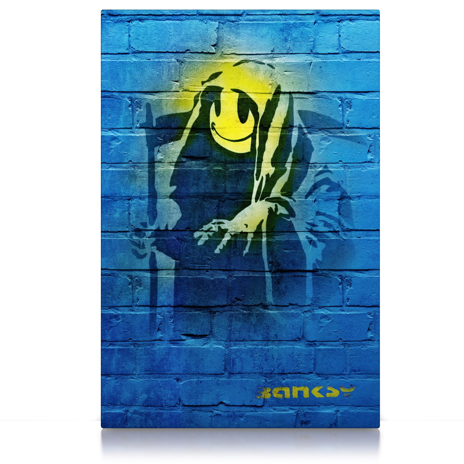 Banksy - Grin Reaper - Leinwand Bild - Graffiti Smiley Sensenmann Tod Wandbild aufhängefertig Kunst Druck Bilder Wand Deko Modern Art XXL Wohnzimmer (80 x 60 cm, Leinwand auf Keilrahmen, Grin Reaper)