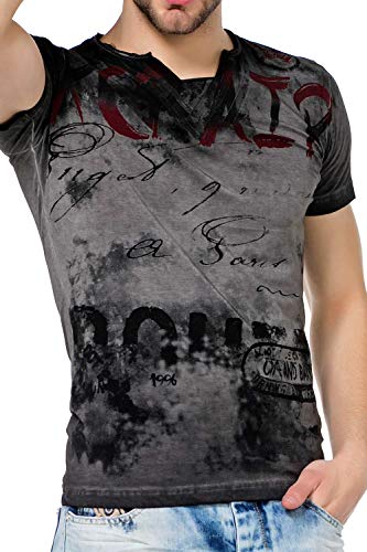 Cipo & Baxx Herren T-Shirt Slim Fit Allover Print V-Ausschnitt ausgefallene kurzarm T-Shirt Anthracite S