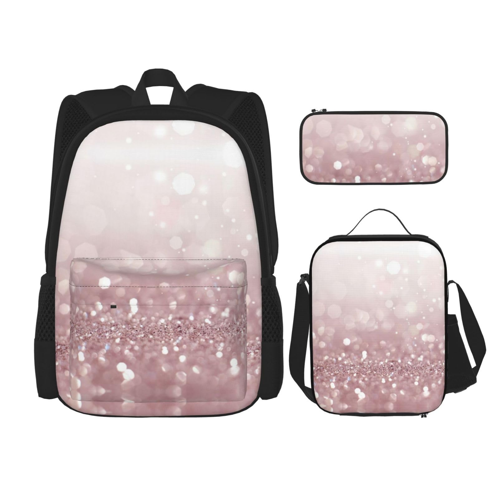 WURTON Rosa Glitzer Druck Rucksack Mädchen Jungen Schultaschen Teenager Lunchbox und Federmäppchen 3 in 1 Büchertaschen Set