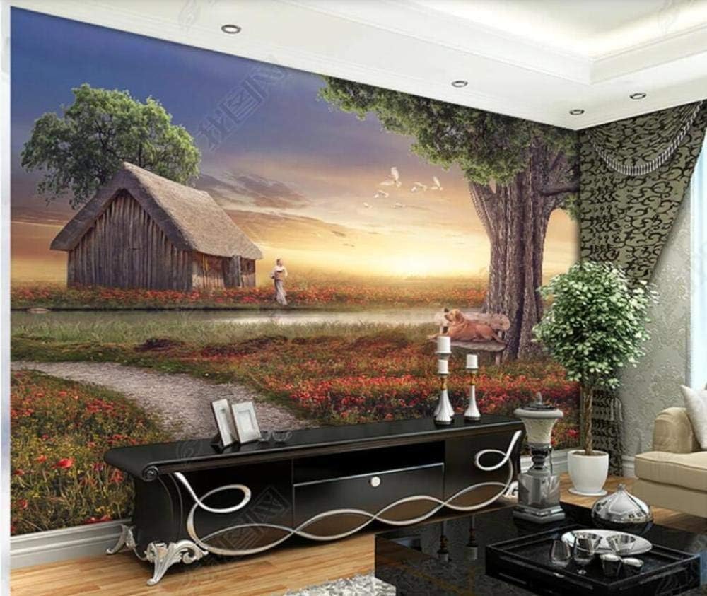 Gras Hütte Fluss Hunde Großer Baum Landschaft 3D Tapete Poster Restaurant Schlafzimmer Wohnzimmer Sofa TV Dekorative Wand-150cm×105cm