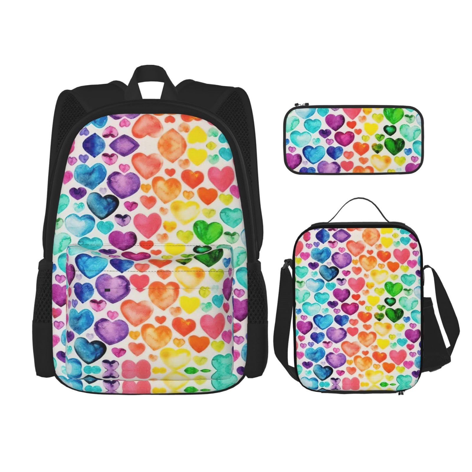 WURTON Rainbow Hearts Print Trendy Rucksack Taschen Lunchbox und Federmäppchen 3 in 1 Verstellbarer Rucksack Set, Schwarz, Einheitsgröße, Schwarz , Einheitsgröße