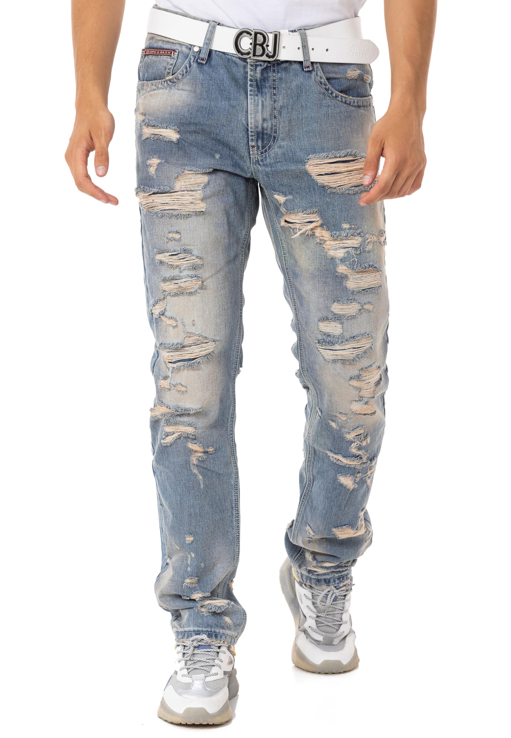 Cipo & Baxx Herren Jeans Hose Denim Regular Fit Destroyed Jeanshose CD843 Blau W32 L32