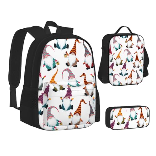 WURTON Lunchbox-Set mit lustigem Weihnachts-Zwergen-Druck, 3-in-1-Büchertasche und Federmäppchen, passende Kombination, Schwarz, Einheitsgröße