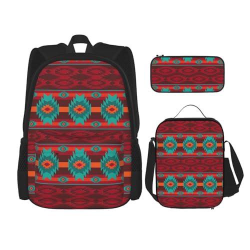 WURTON Ethnisches geometrisches Muster, Druck, verstellbare Schultergurte, Rucksack-Set, Lunchtasche, Federmäppchen, Kombinationstaschen-Set