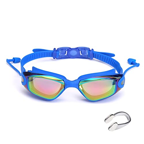 BFVAKBKYT Schwimmbrille, Professional mit Ohrstöpseln Nasenclip Galvanik wasserdicht(Blue)