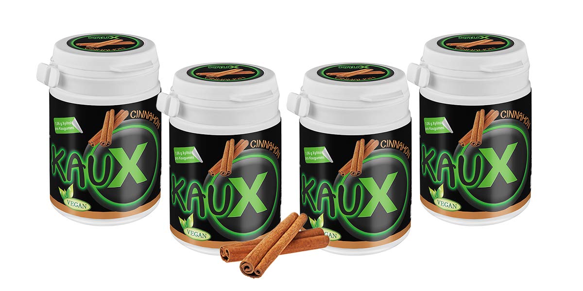 kauX Xylitol Zahnpflege-Kaugummi ohne Aspartam, 4'er Pack Cinnamon (60g=40 Stück pro Dose)