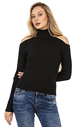 Cipo & Baxx Damen Pullover Rollkragen Pulli Rippenstrick Off Shoulder Schulterfrei WP205 Schwarz S