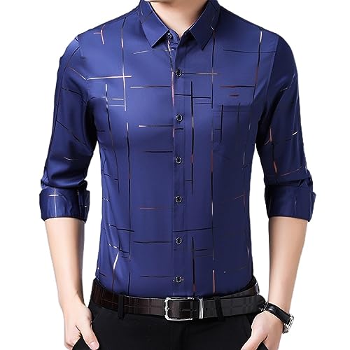 WINDEHAO Herren-Hemd aus Eisseide lässig mit Bronzierung Bedruckt 2023 Herbst mittleres Alter langärmeliges Hemd lässiges Button-Down-Luxus-formelles Hemd (Navy Blue,170/L)