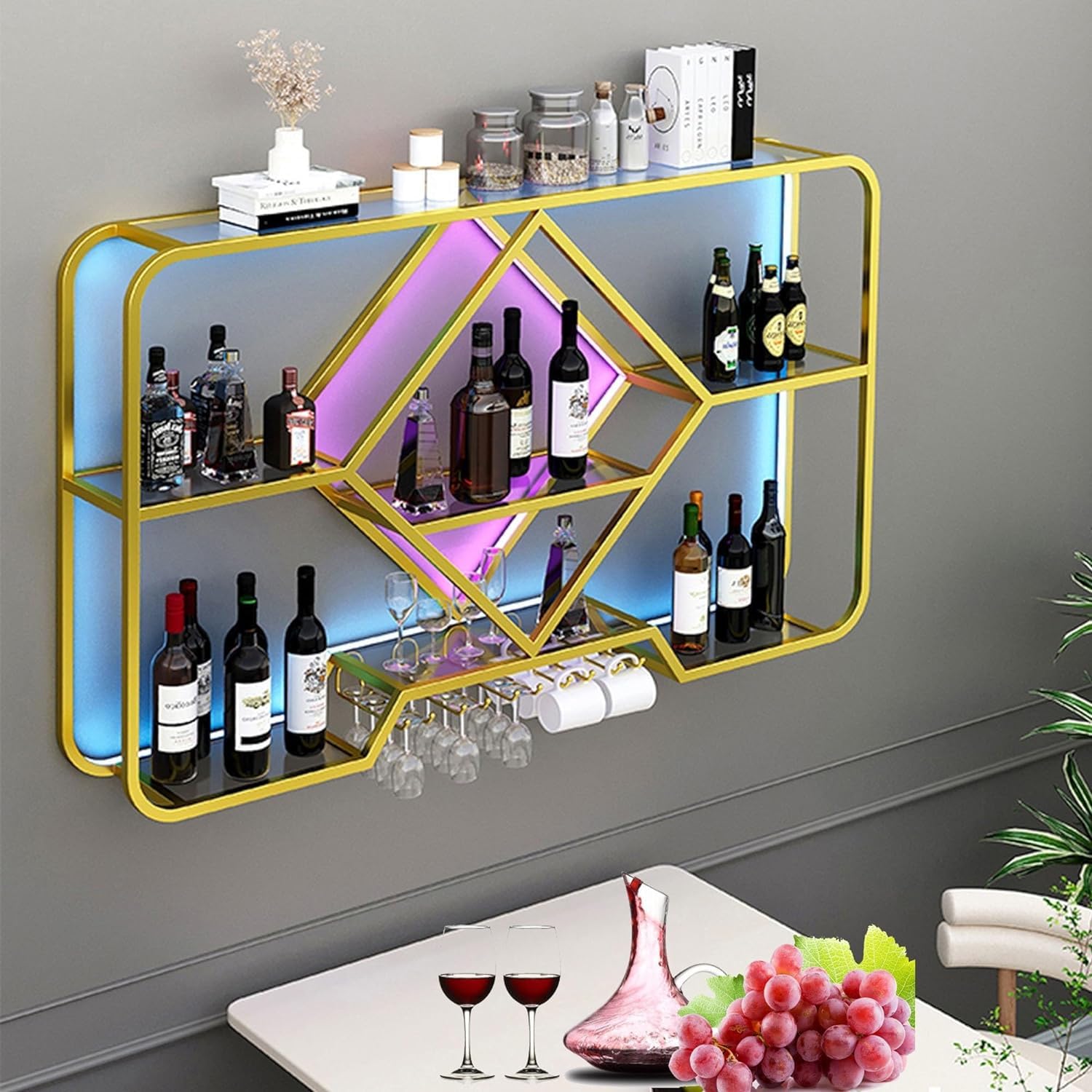 Weinregal, wandmontierte Barregale mit Weinglashalter – Likörregal, Minibar für die Aufbewahrung in der Küche – Glasregale, Wand-Barschrank, Ausstellungsregal für Likörflaschen – Eck-Kaffeeb