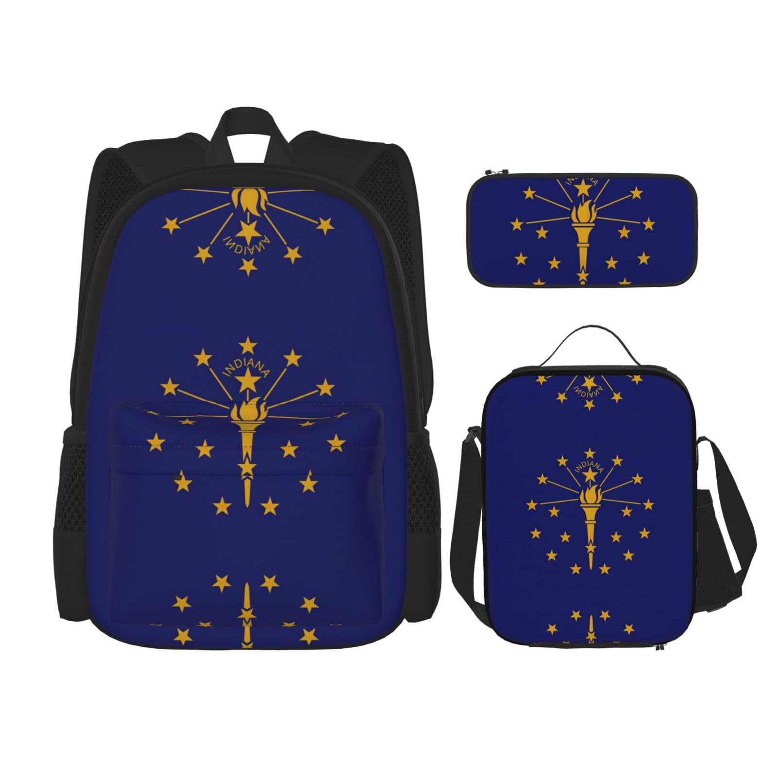 WURTON Schulrucksack-Set mit Indiana-Staatsflagge, mit Lunchtasche, Federmäppchen, Kombination, Schultaschen-Set