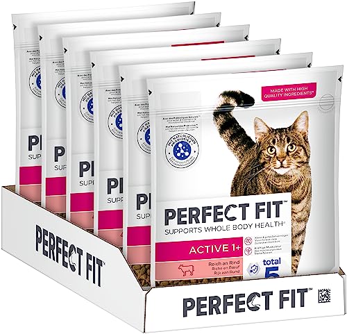 PERFECT FIT Adult Trockenfutter für erwachsene, aktive Katzen ab 1 Jahr - Rind, 750g (6 Beutel)