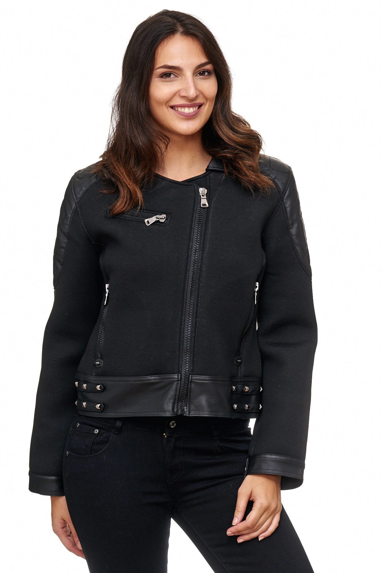 Cipo & Baxx Damen Freizeitjacke Outdoorjacke Bikerjacke Kunstleder Jacke mit Reißverschlussoptik Schwarz S