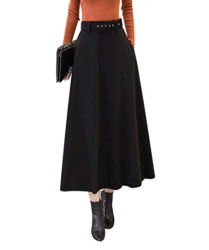 Damen Retro Elegante Lang Wollrock a Linie Passenden Gurt Herbst Winter Warm Röcke Langen Wolle Rock Hohe Taille Ausgestelltem Feste Farbe Rock (M (Taille: 70 cm), Schwarz)