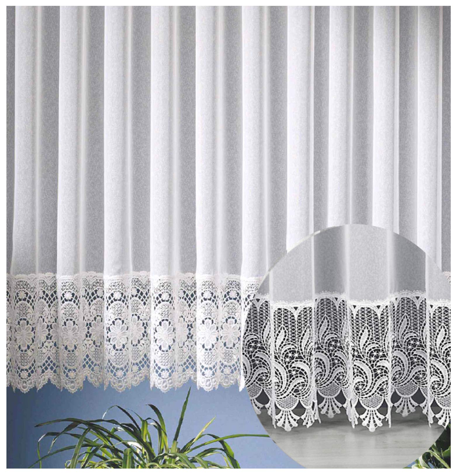 heimtexland edle Store Gardine aus Websablé transparent mit echtem Makramee Sockel in rein weiß - HxB 175x750 cm für Dekorationsbreite 250-300 cm - Ökotex Macramé Vorhang Typ516