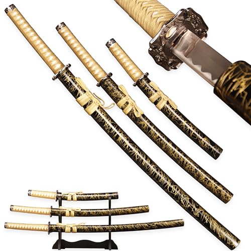 LQZJG 3-teiliger Satz japanischer Katana scharfer 1065 hoher Kohlenstoffstahl echtes Metall Samurai Schwert mit Golddraht Streifen Display Schwertständer