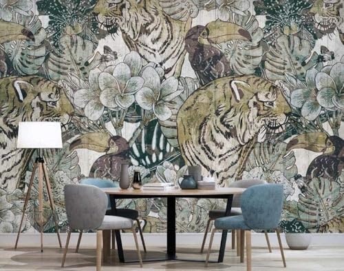 Dschungelpflanze Blume Tiger 3D Tapete Poster Restaurant Schlafzimmer Wohnzimmer Sofa TV Dekorative Wand-150cm×105cm