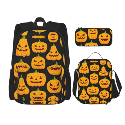 WURTON Halloween Kürbis Muster Druck Schulter Rucksack 3 in 1 Büchertasche Set Lunchbox Federmäppchen Reise Laptop Tagesrucksäcke, Schwarz, Einheitsgröße