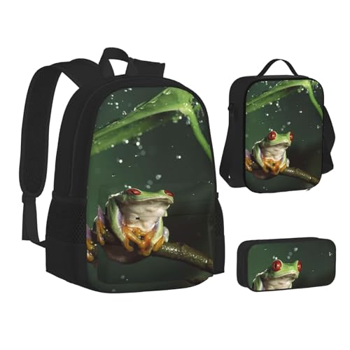 WURTON Lustiges Essen Hot Dogs Print Teenager Büchertasche Mittagessen Tasche Federmäppchen 3 in 1 Schulrucksäcke Set Kinder Rucksack, Friedensbaum-Frosch., Einheitsgröße