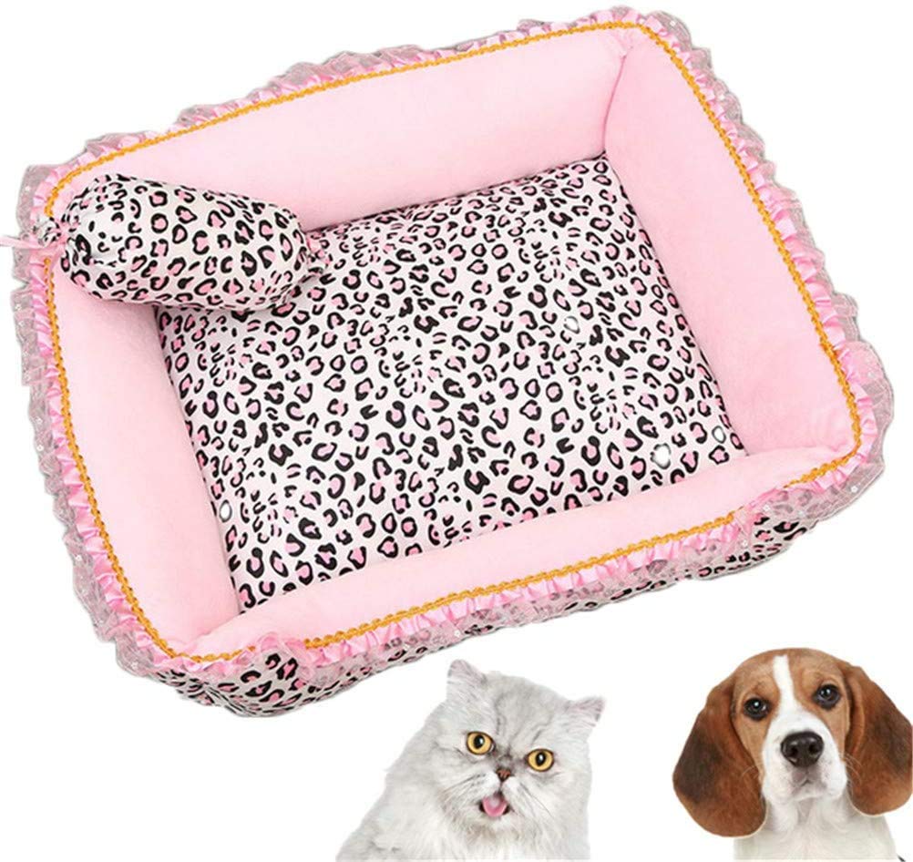 DHGTEP Rosa Leopard Hundebett, Hund und Katze Bett Schöne Haustier Bett Reversible Kissen Hundebett mit Waschbaren Abnehmbaren Bezug (Color : Square, Size : M)